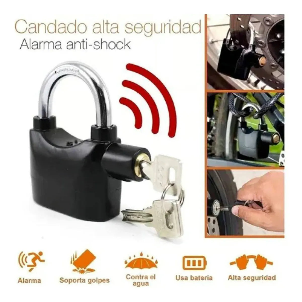 Candado Alarma Clasico + Candado Manillar Seguro Manigueta3