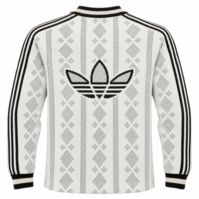 Espalda del buzo tejido blanco de Adidas Originals con el trébol grande en negro