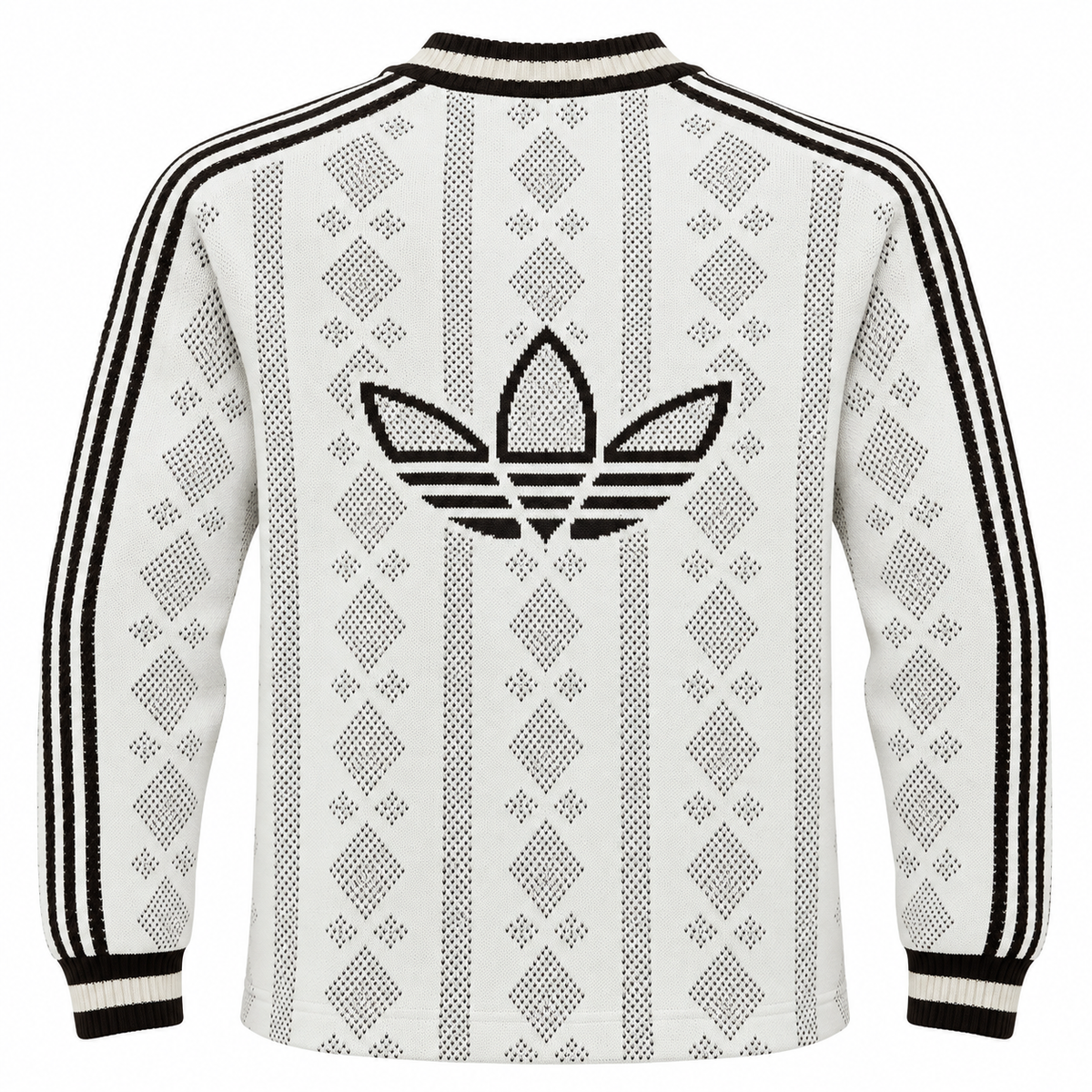 Espalda del buzo tejido blanco de Adidas Originals con el trébol grande en negro