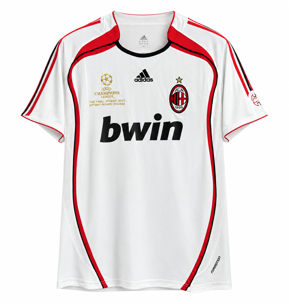 Front of the white AC Milan 2006-07 away jersey, with the gold crest, the 2007 Athens final patch and bwin on the chest