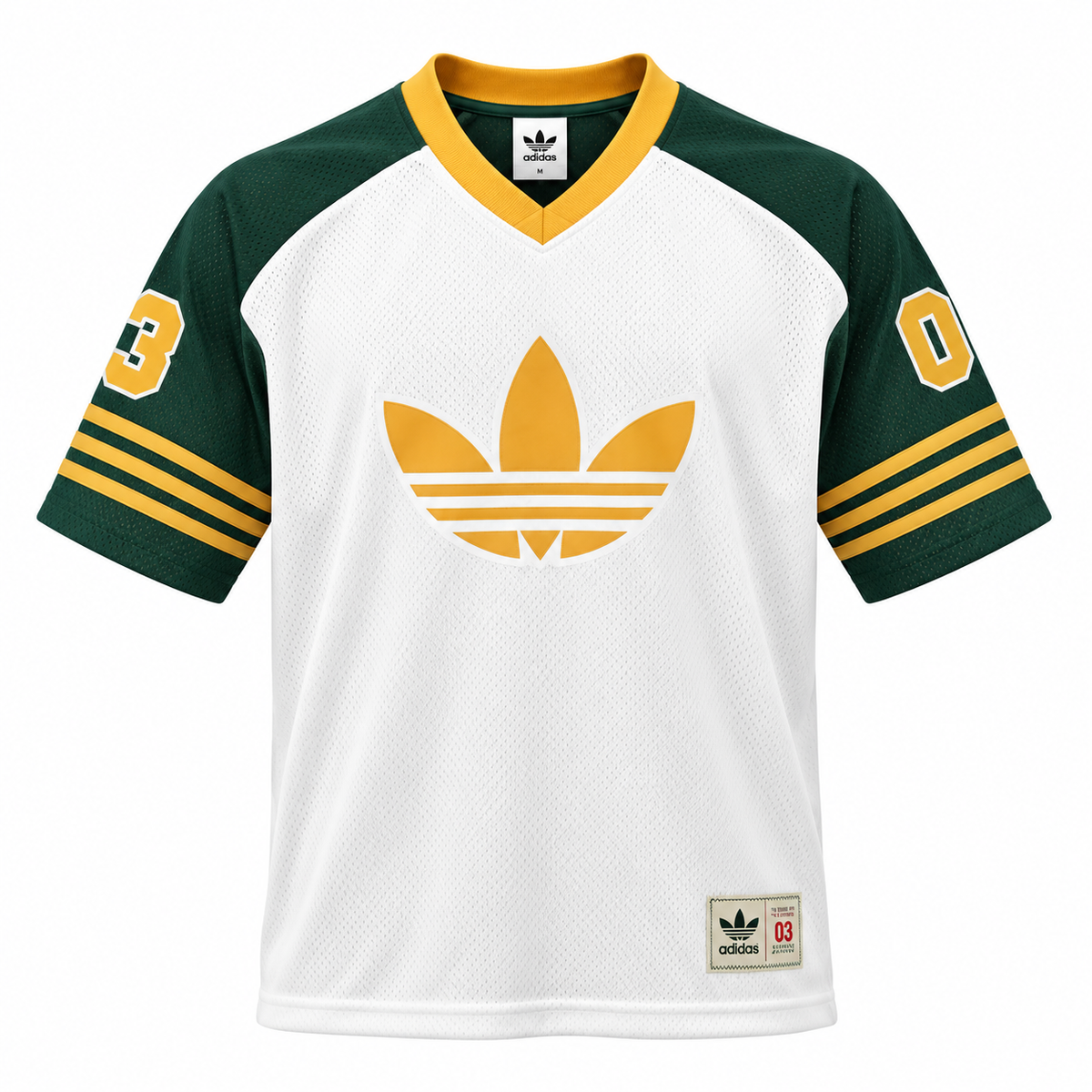 Camiseta branca da Adidas Originals com trevo mostarda, mangas verdes e o 03