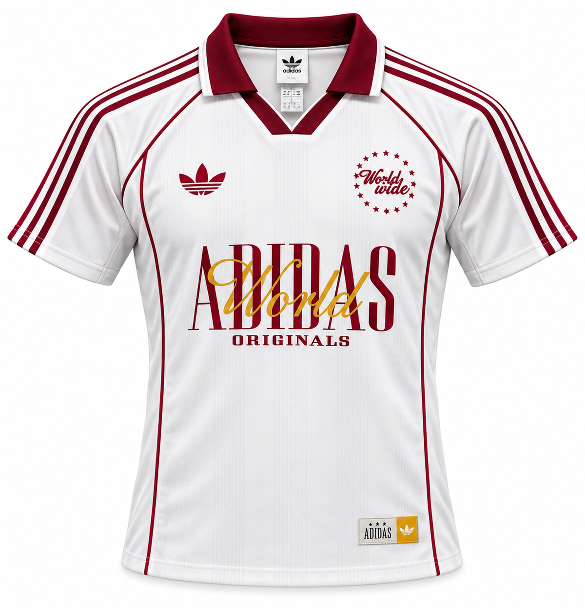White Adidas World Wide jersey with a polo collar, the trefoil and ADIDAS in large letters on the chest