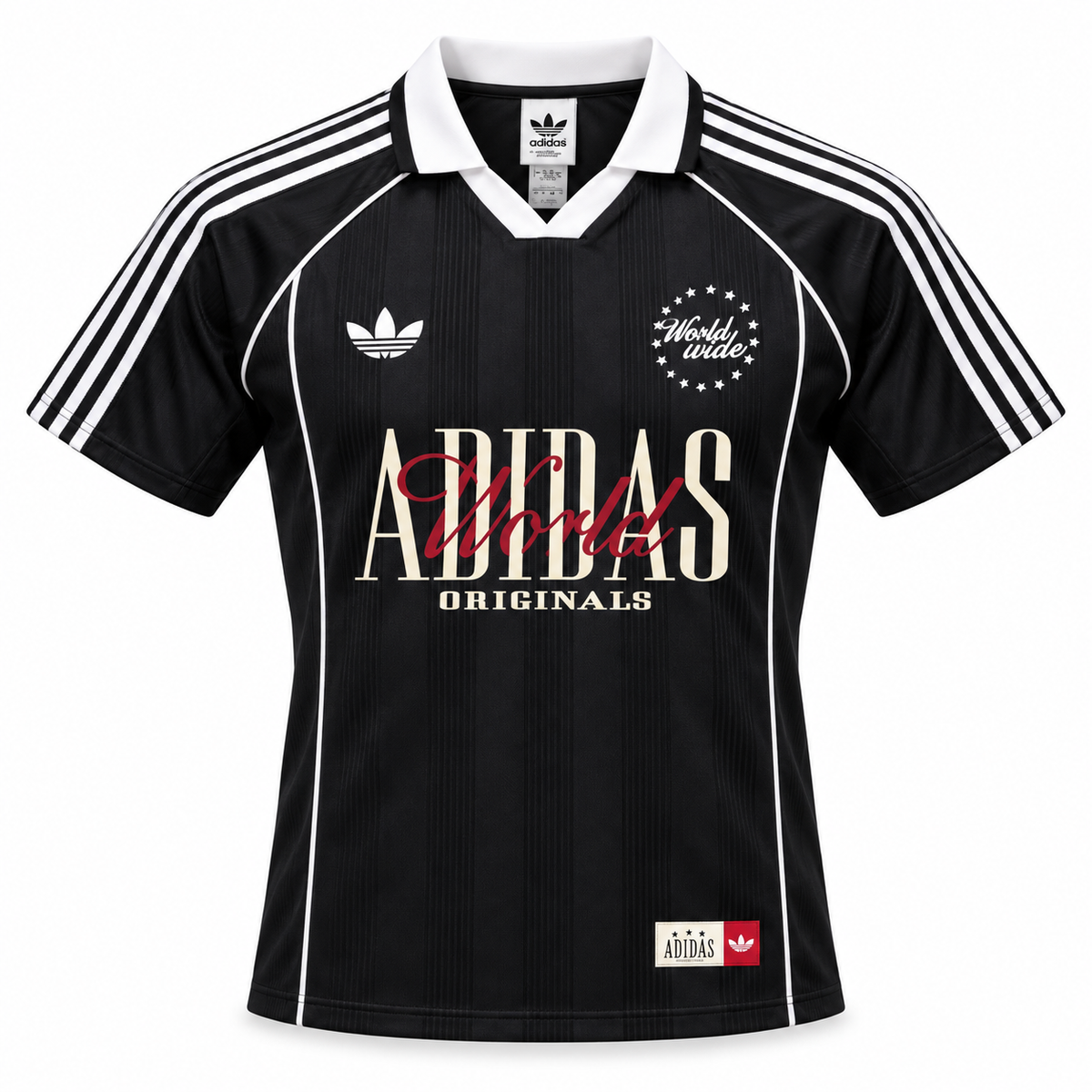 Camiseta Adidas World Wide negra con cuello polo, el trébol y ADIDAS en letras grandes al pecho