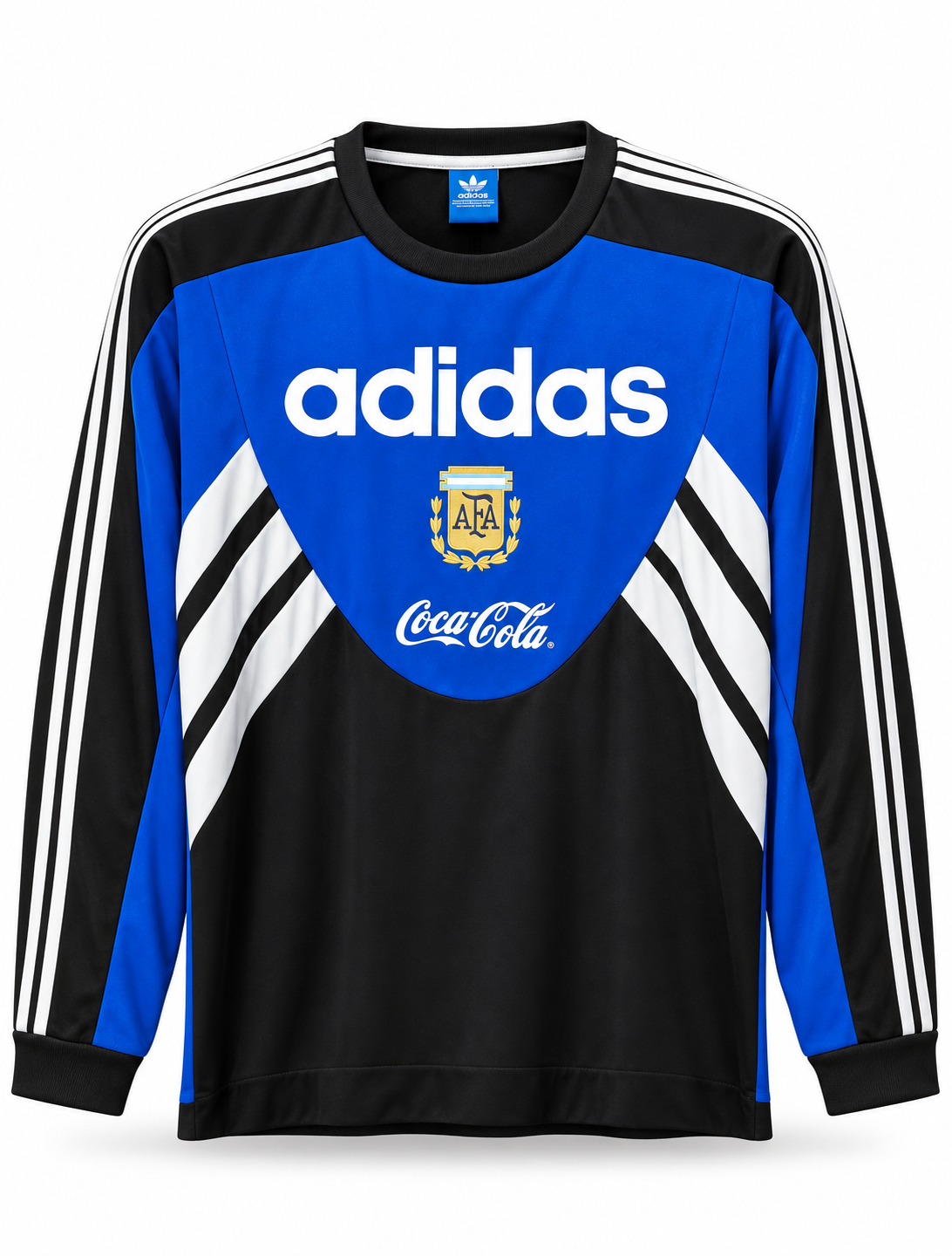 Camiseta retro de la Selección Argentina negra de manga larga, con pecho azul rey y rayas blancas