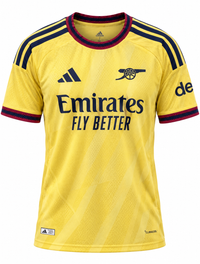 Camisa amarela do Arsenal da Adidas com listras azul-marinho nos ombros e gola grená