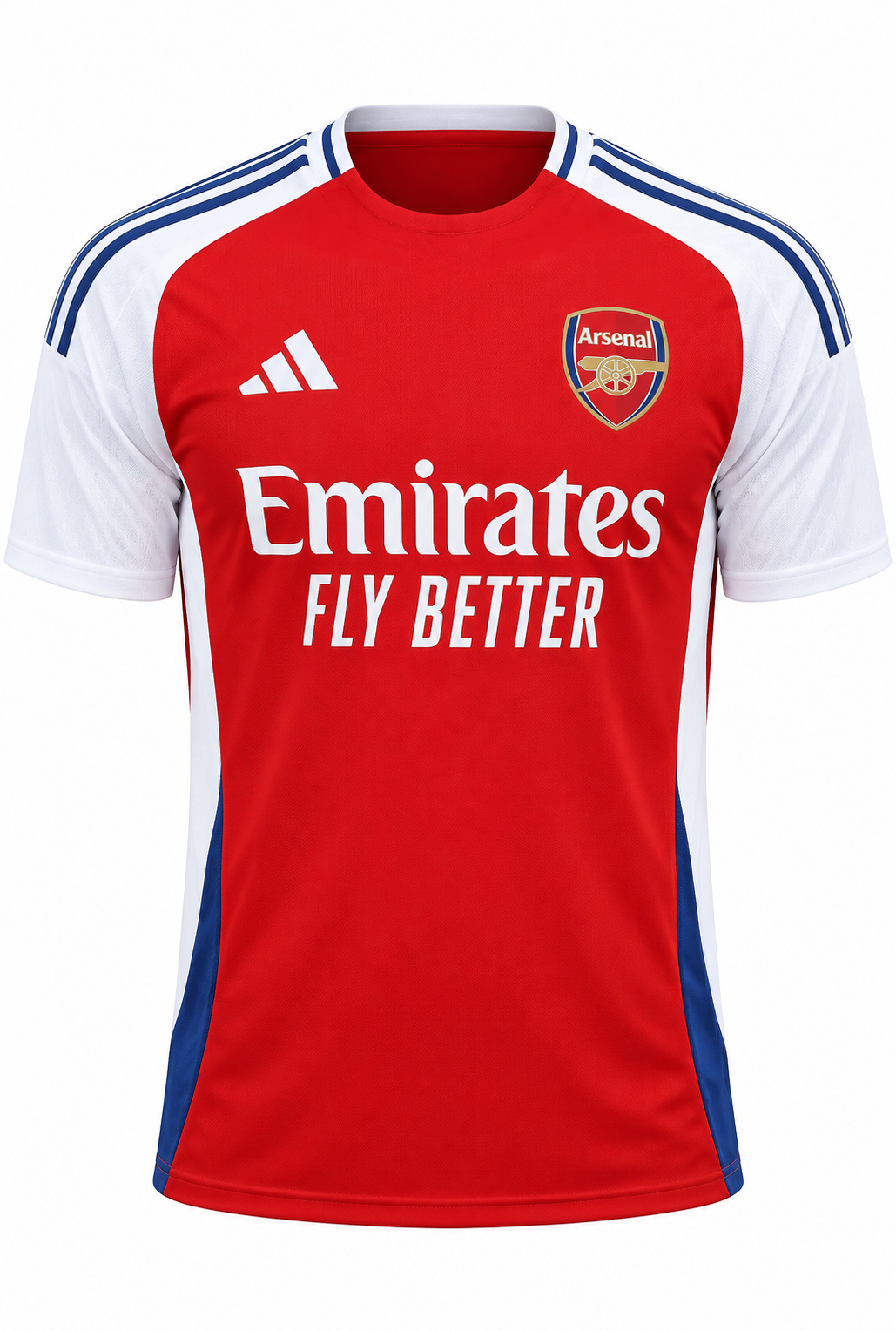 Camiseta del Arsenal local 2024-25 roja con mangas blancas y Emirates al pecho, foto de estudio