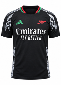 Camiseta del Arsenal visitante 2024-25 negra con cuello rojo y verde y zigzags a los costados, foto de estudio
