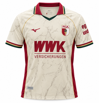 Camiseta Augsburg Local 2026-2027 de frente, blanca jaspeada con rojo y verde