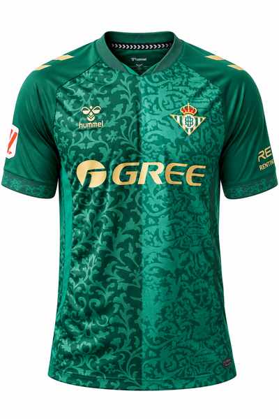 Camiseta visitante del Real Betis 26-27 verde con estampado de azulejo sevillano y detalles dorados
