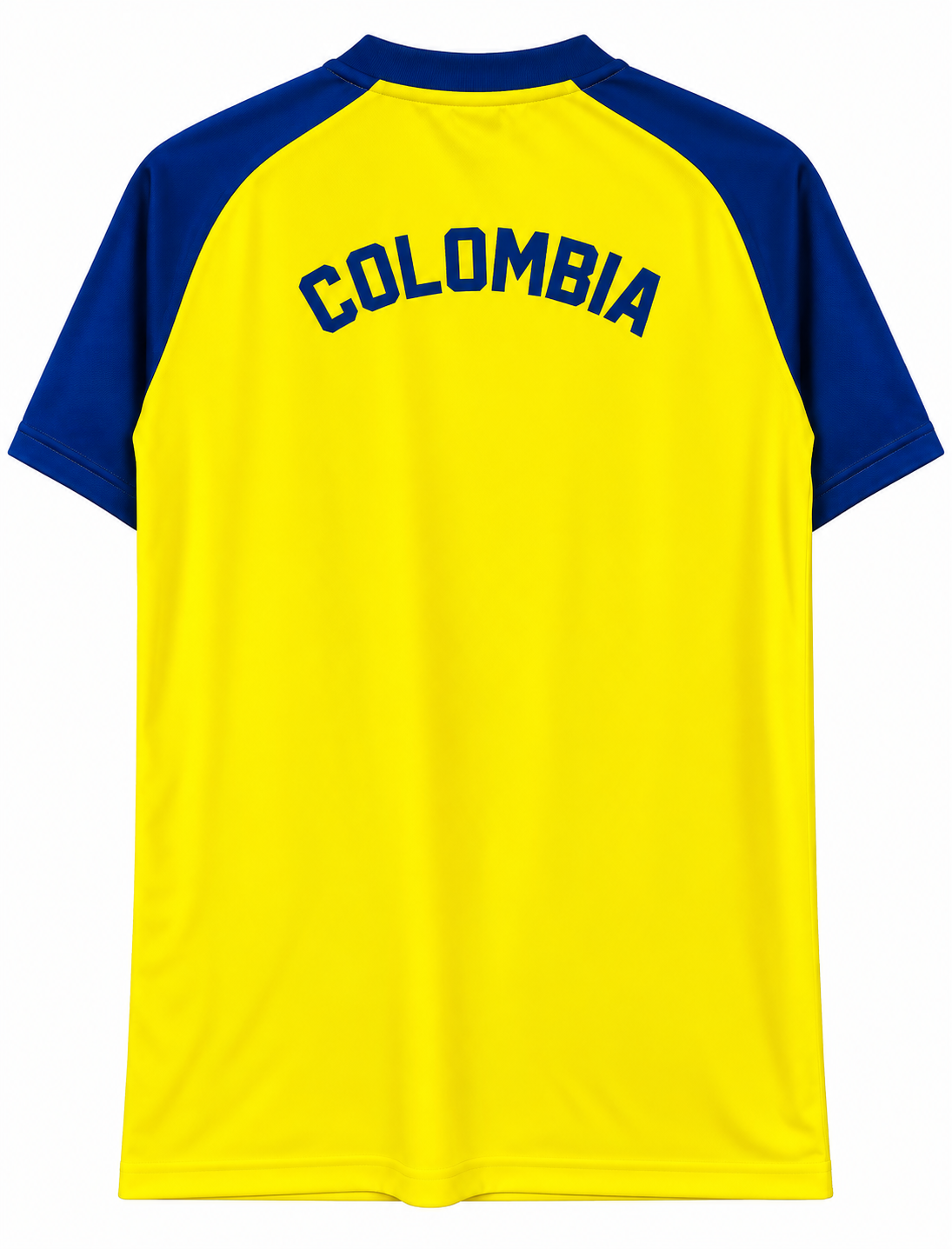 Costas da camisa de aquecimento da Seleção Colômbia com COLOMBIA em letras azuis sobre fundo amarelo