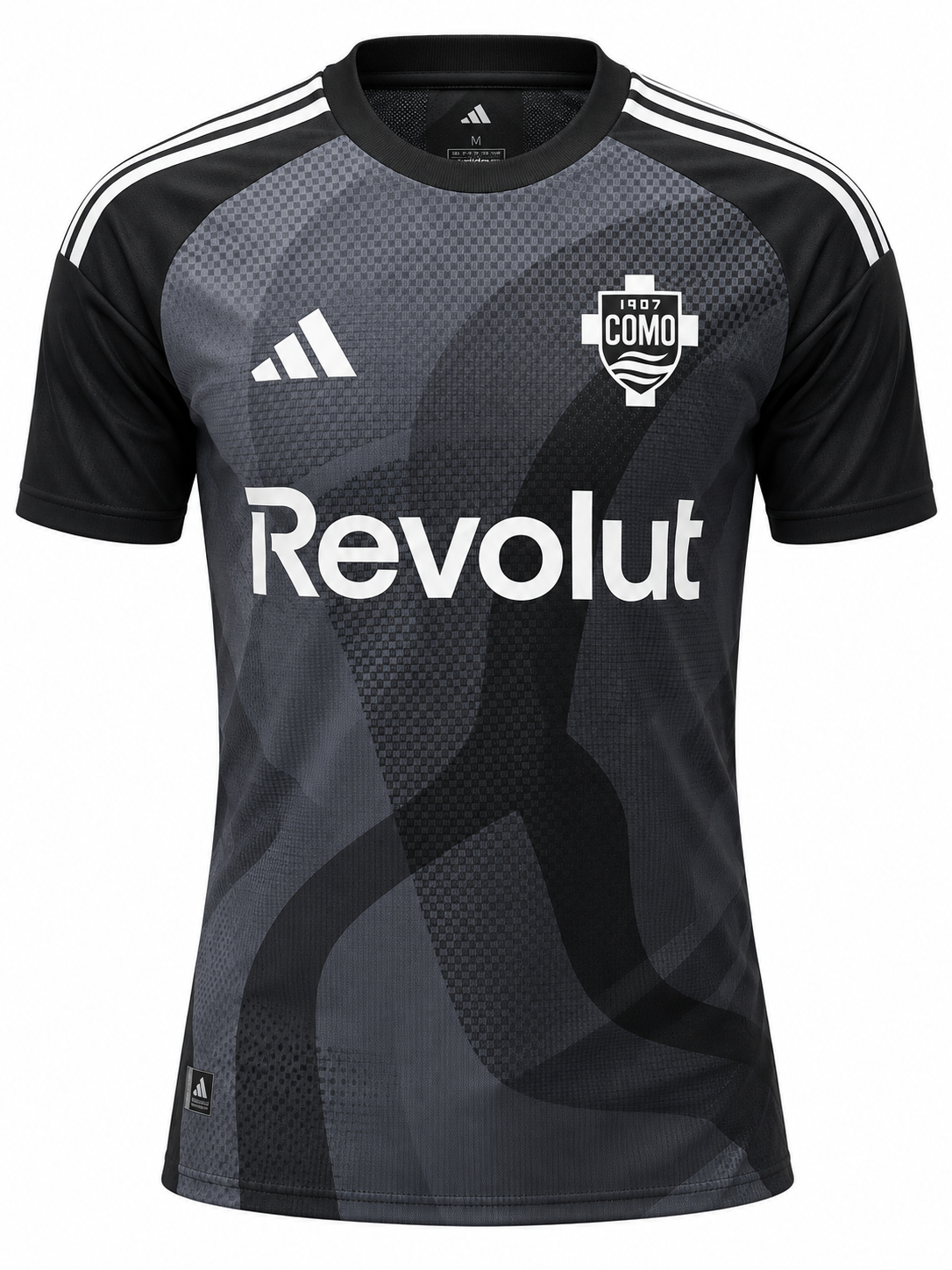 Black and grey Como 1907 shirt with gradient waves and white Revolut on the front