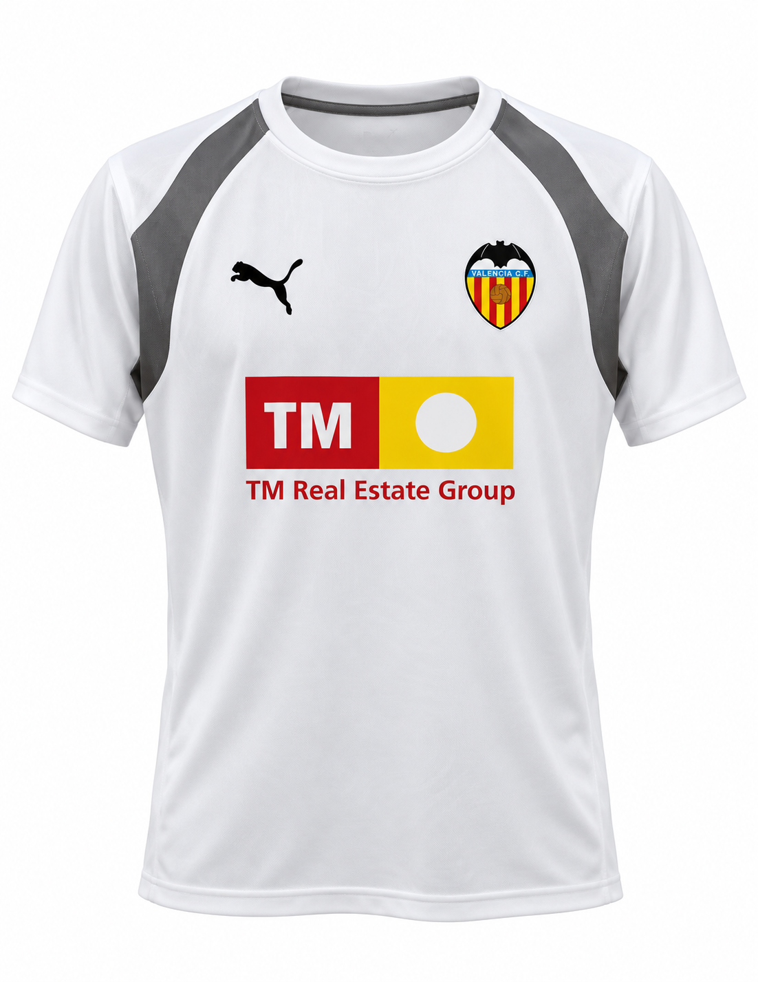 Camisa de treino do Valencia CF branca com ombros cinza e a TM no peito