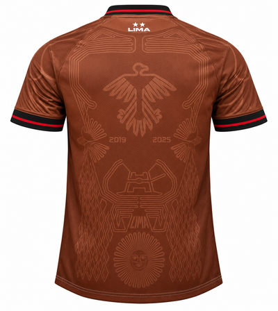Costas da camisa creme do Flamengo Lima 2019-2025 com o condor de Nazca e os anos 2019 e 2025