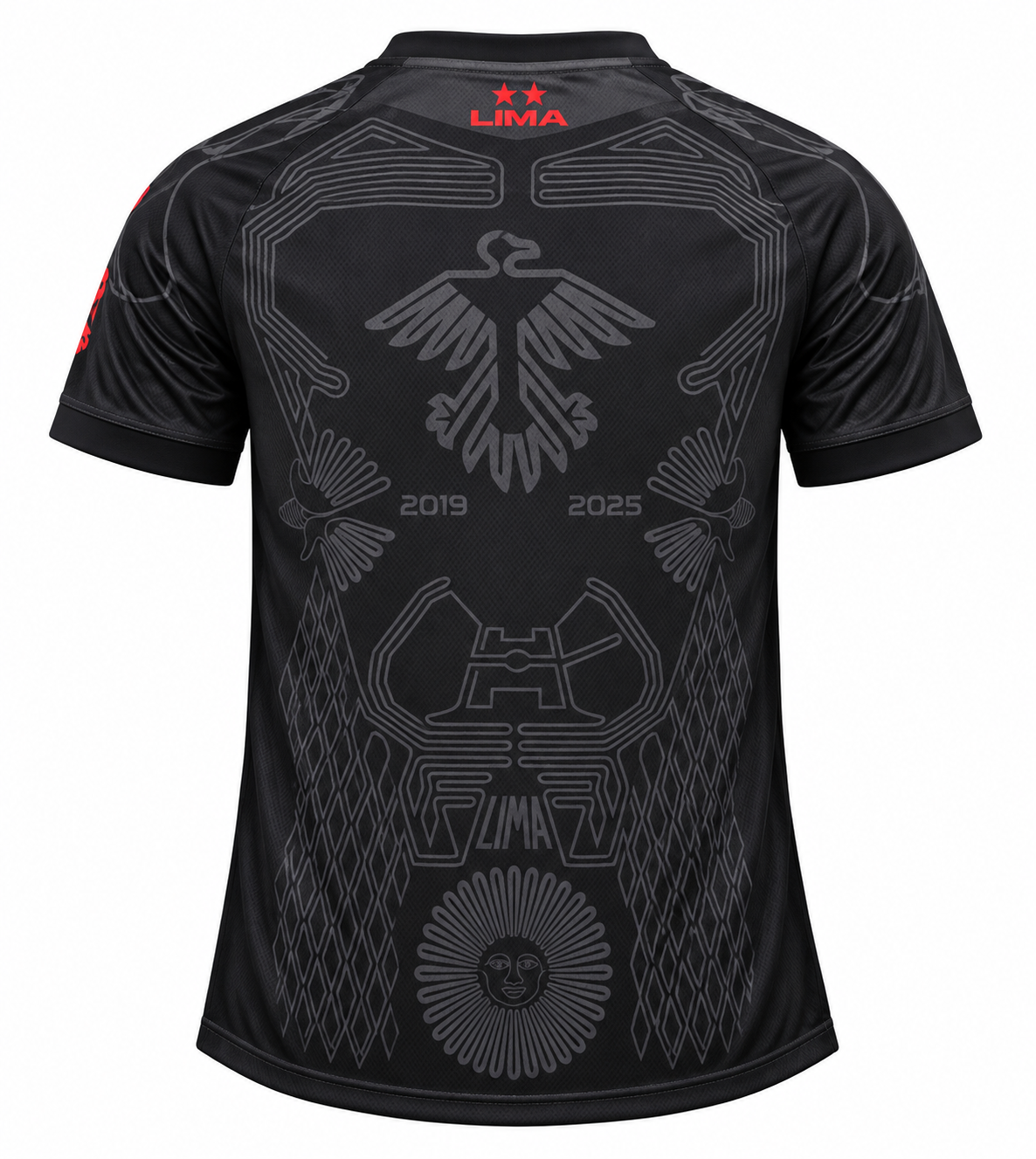 Espalda de la camiseta negra del Flamengo Lima 2019-2025 con el cóndor de Nazca y los años 2019 y 2025