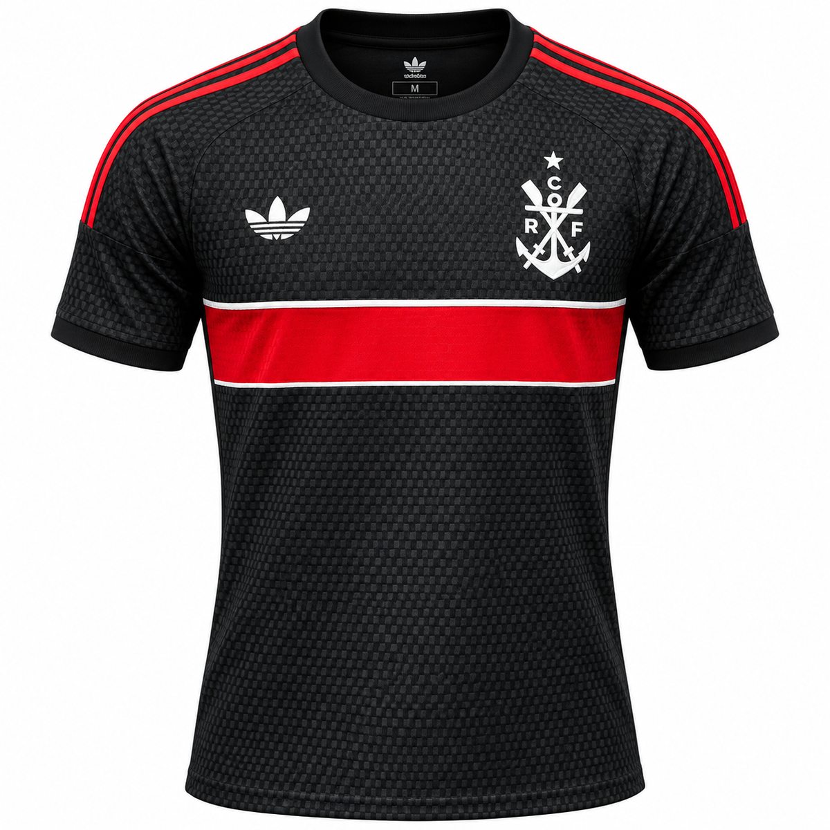 Camiseta retro del Flamengo negra con franja roja y blanca al pecho y el ancla CRF