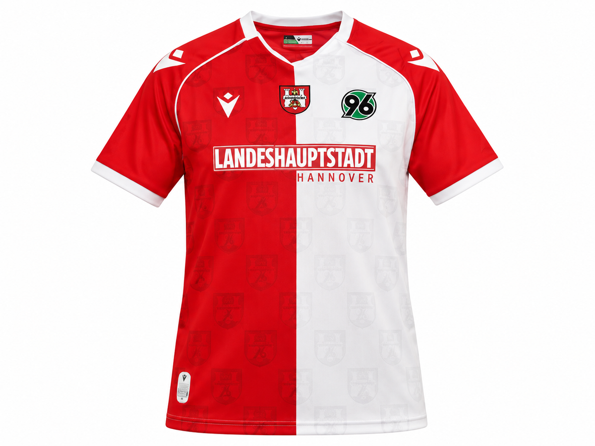 Camiseta roja y blanca del Hannover 96 Macron con Landeshauptstadt Hannover al pecho