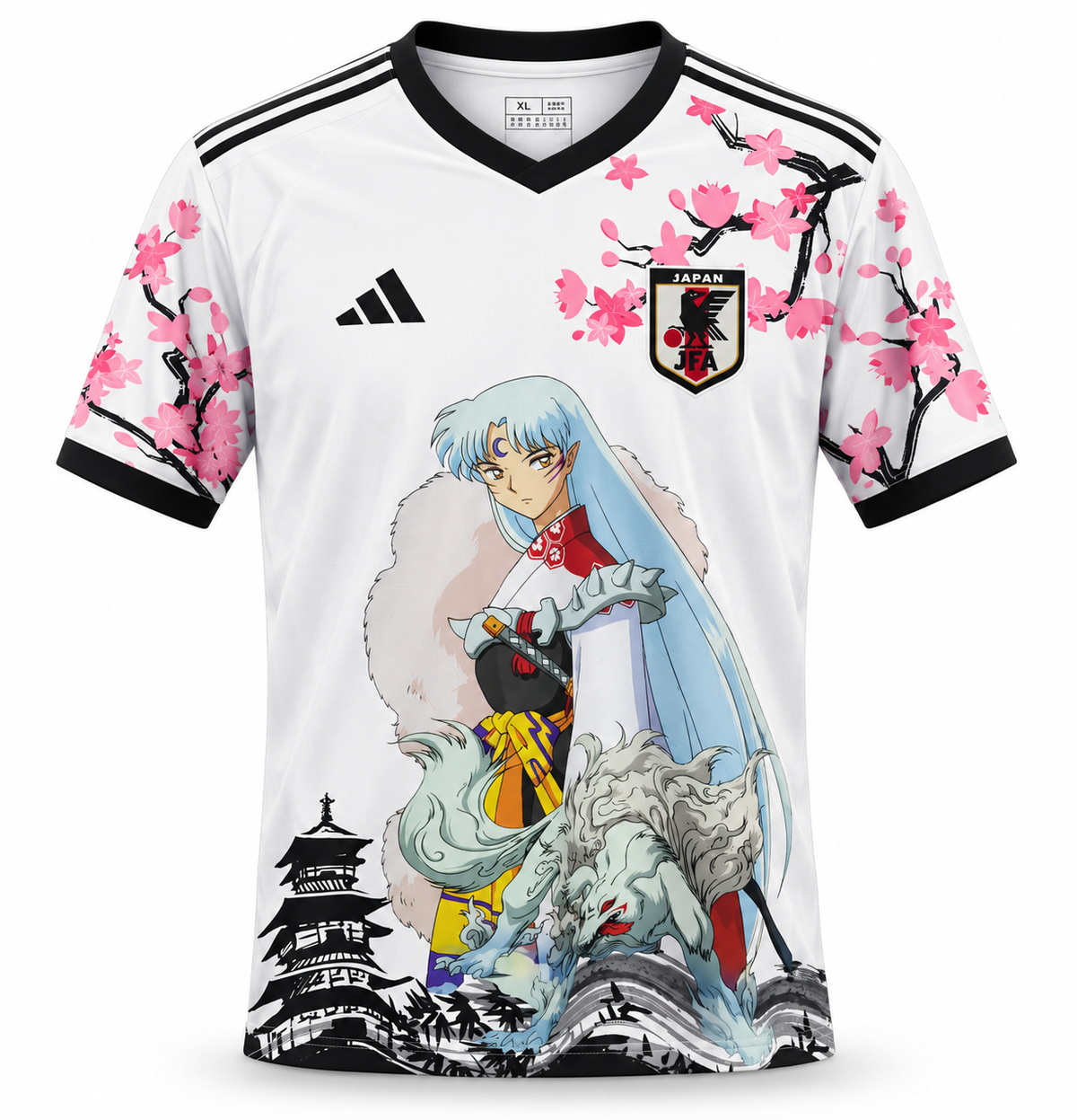 Camiseta de Japón edición anime blanca, con Sesshomaru de Inuyasha, cerezos rosados y cuello negro en V