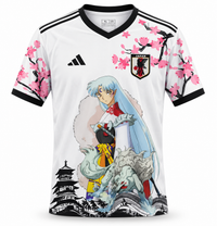 Camiseta de Japón edición anime blanca, con Sesshomaru de Inuyasha, cerezos rosados y cuello negro en V