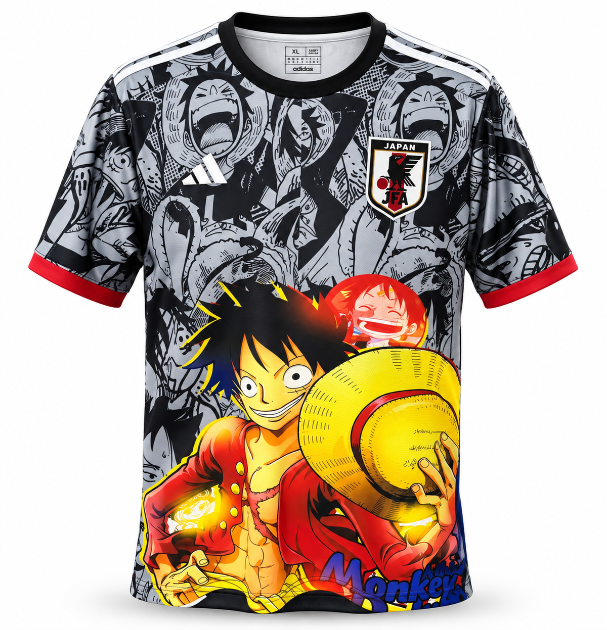 Camiseta de Japón edición anime gris y negra con Luffy de One Piece y su sombrero de paja