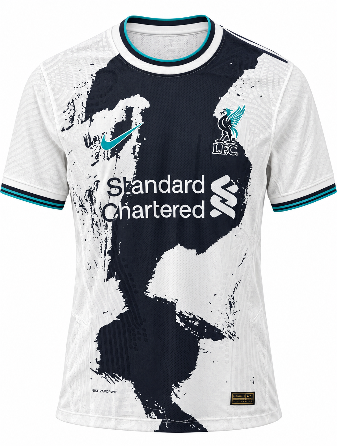 Camisa do Liverpool da Nike branca com manchas pretas tipo pincelada e gola turquesa