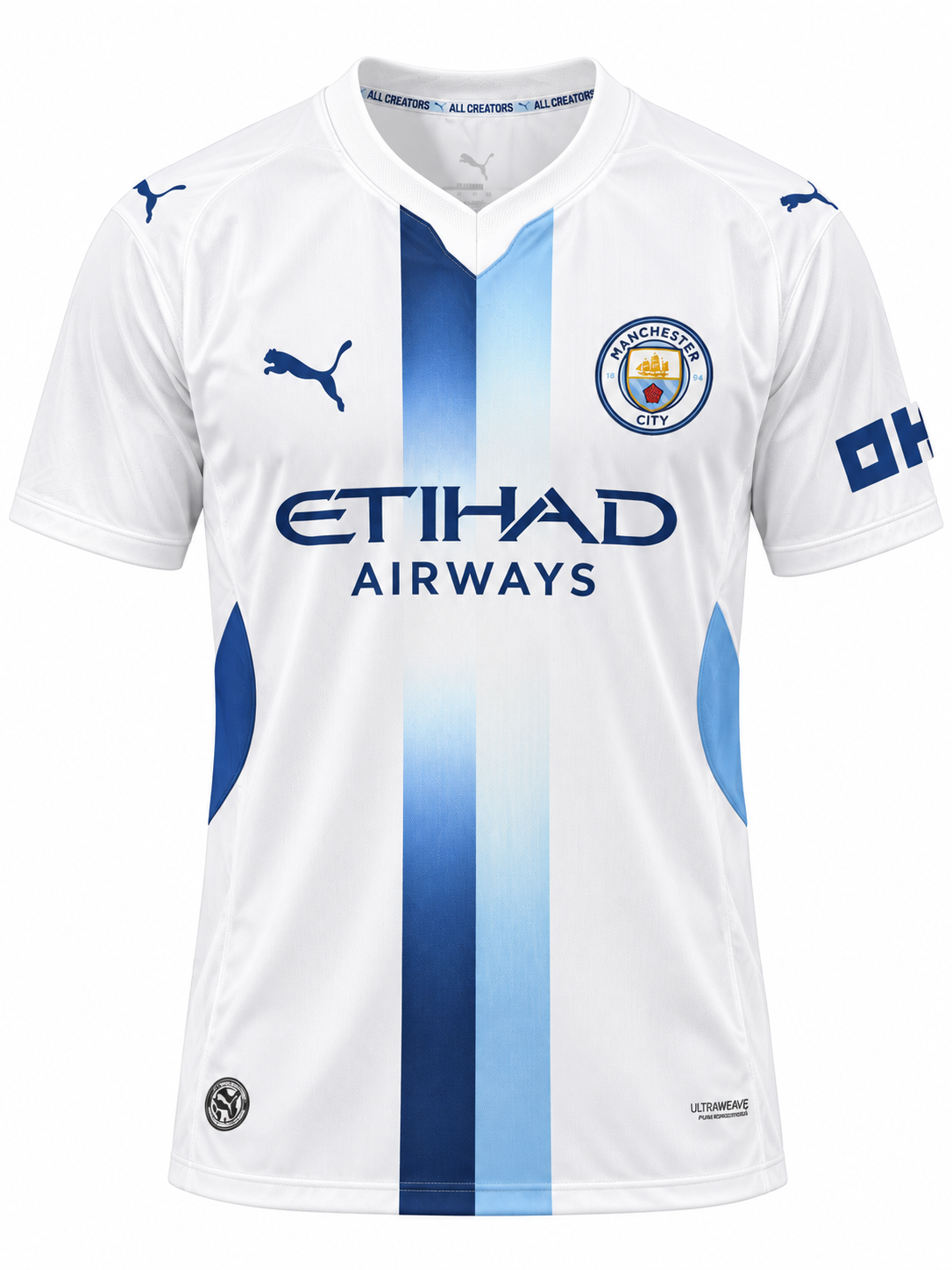 Manchester City 2026-27 third jersey in white with a navy and sky blue vertical stripe