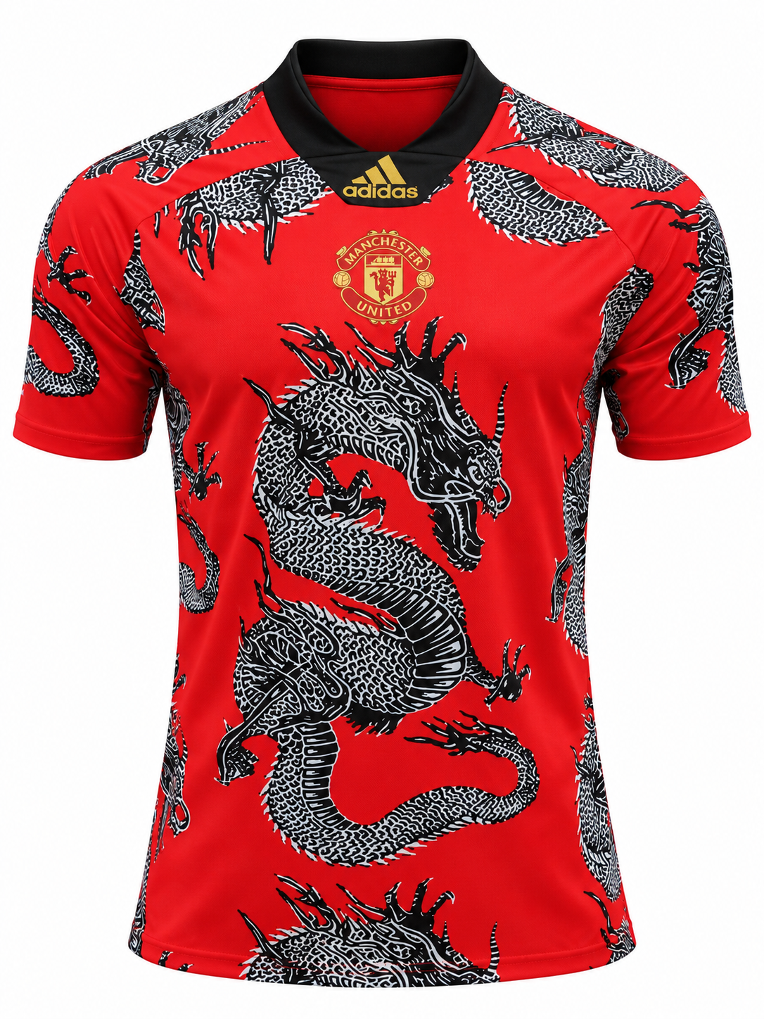Camisa Manchester United vermelha com dragão preto e branco estampado