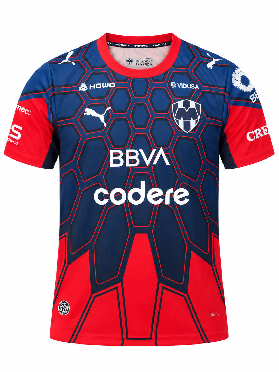 Navy and red Monterrey jersey with a hexagon pattern, BBVA and codere on the chest
