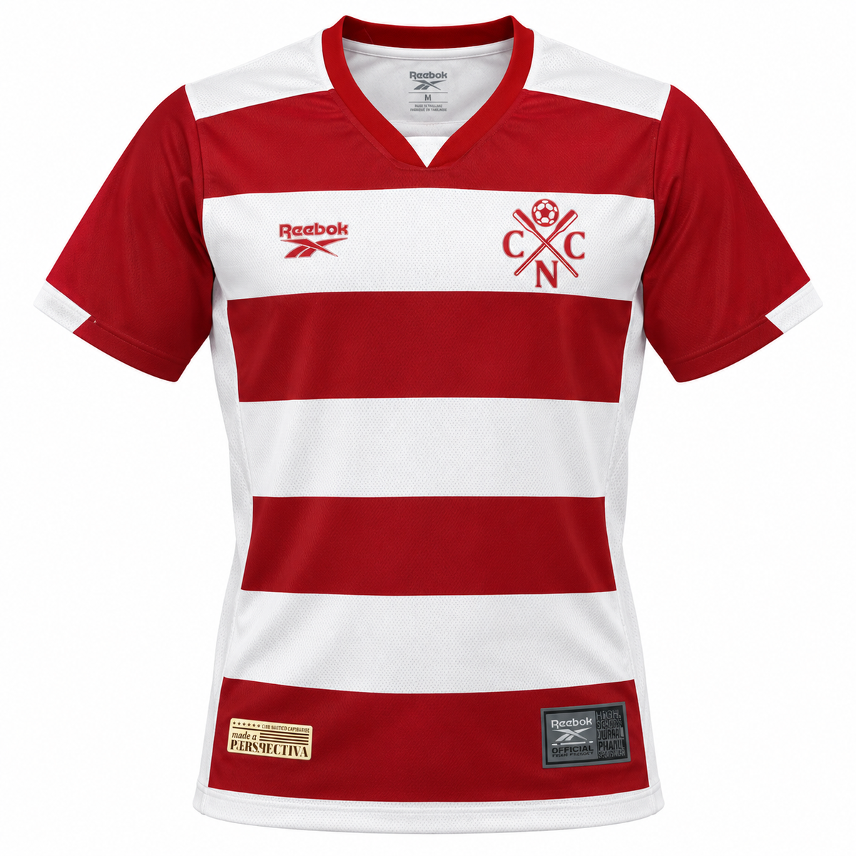 Camiseta del Náutico con rayas horizontales rojas y blancas, cuello en V y escudo de remos cruzados