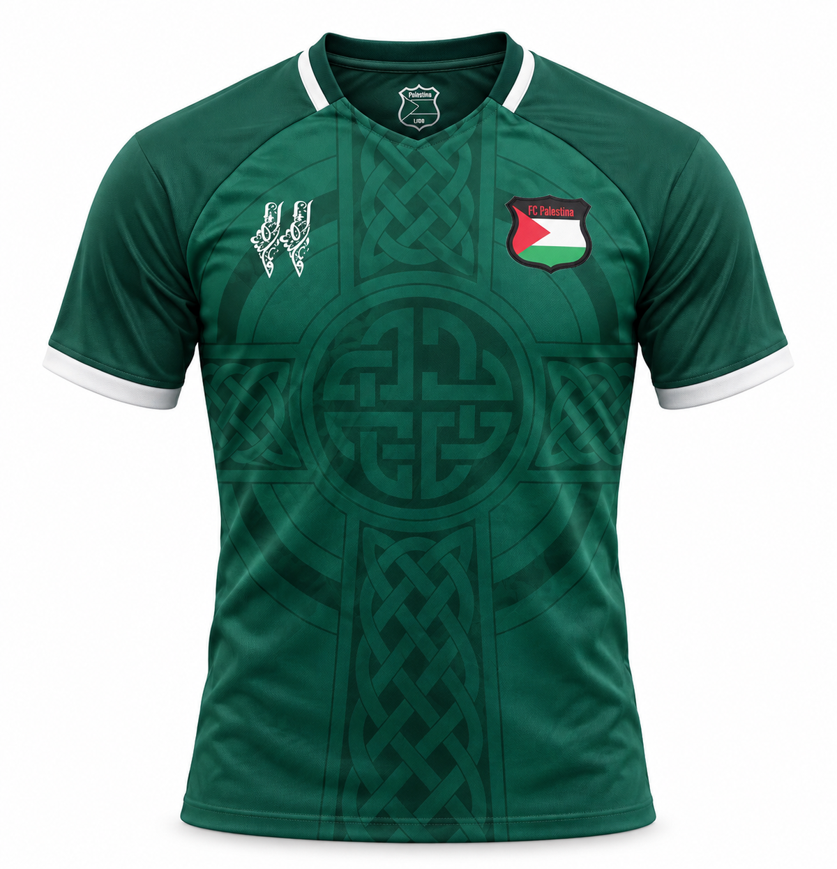 Green Palestine jersey with an embossed Celtic cross, an FC Palestina crest with the flag and white cuffs