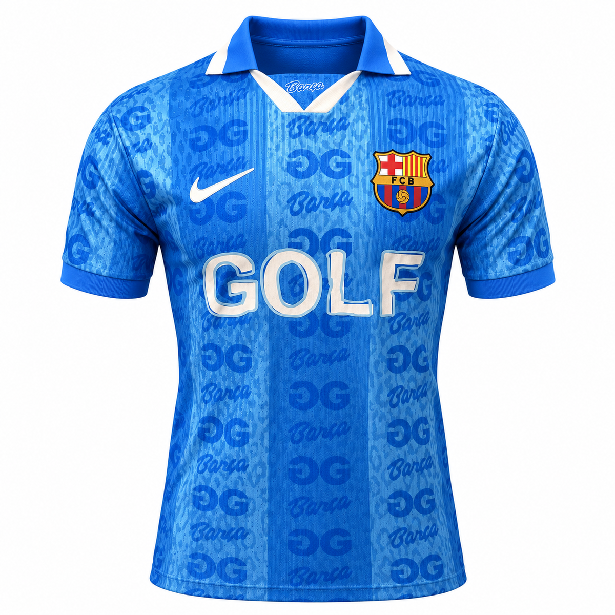 Camiseta polo azul del FC Barcelona con GOLF grande y estampado de OG y Barça