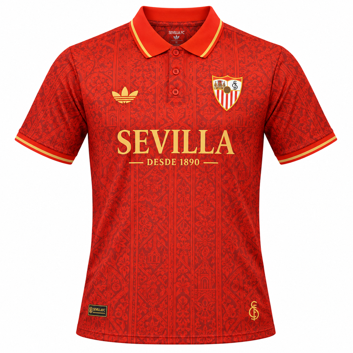 Camiseta polo roja del Sevilla con SEVILLA DESDE 1890 en dorado y cuello con botones