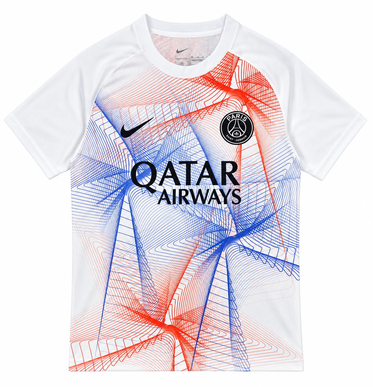 PSG white pre-match jersey with blue and red strokes across the chest