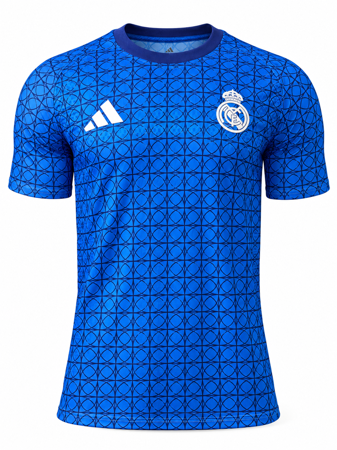 Camiseta pre partido del Real Madrid azul con un estampado de círculos azul oscuro y el escudo en blanco
