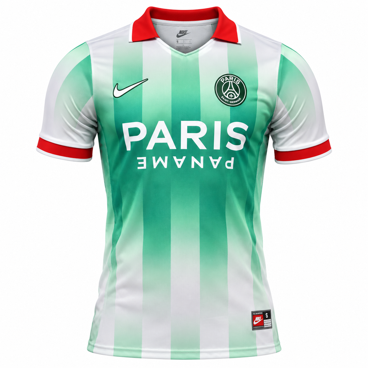 Camiseta del PSG edición especial con rayas verdes en degradado, PARIS PANAME y cuello polo rojo