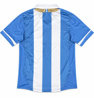 Espalda de la camiseta retro de Argentina 2011 con las franjas celestes y blancas y el cuello dorado