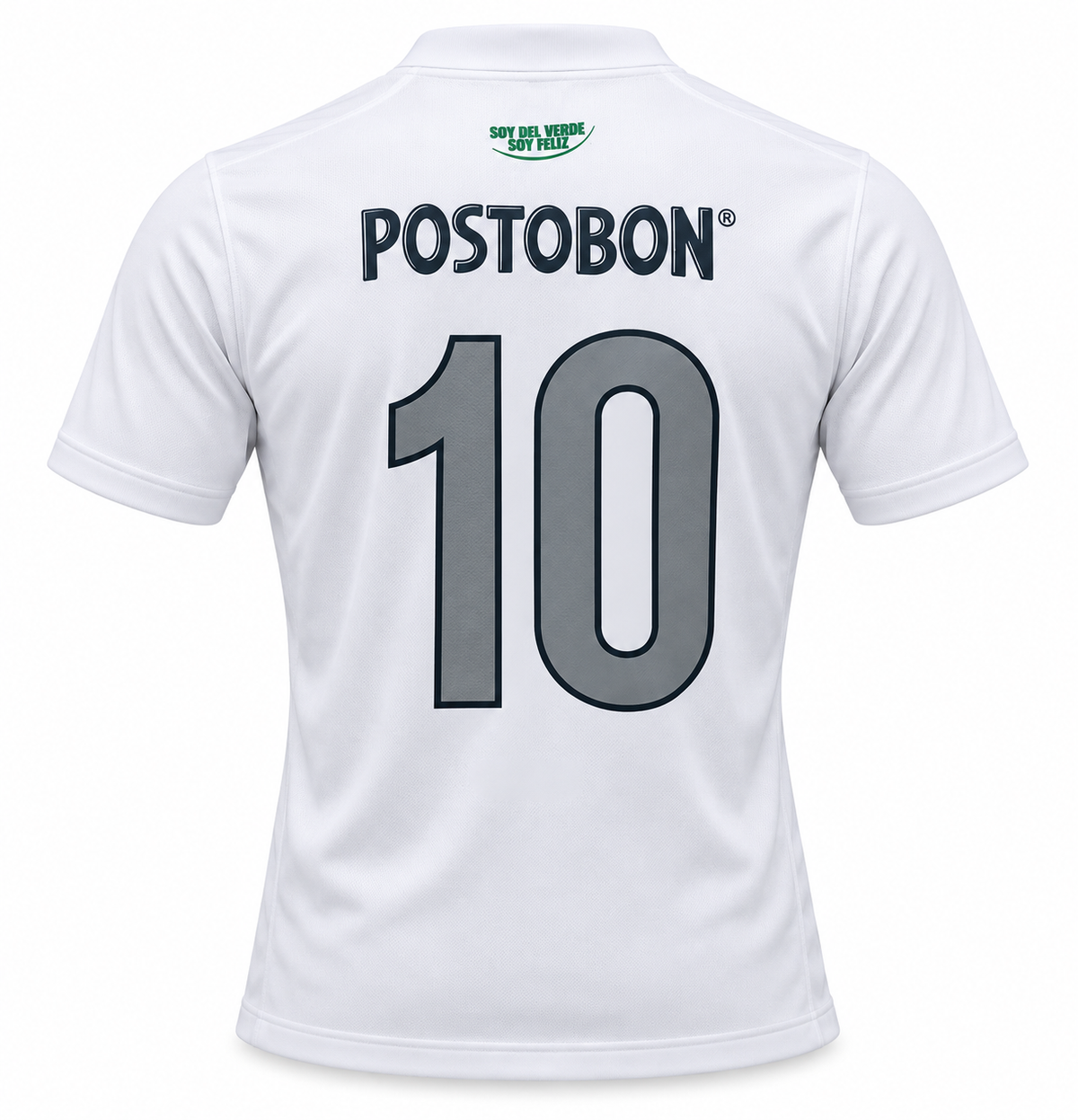 Espalda de la camiseta retro blanca de Atlético Nacional 2013 con Postobón y el número 10 en gris