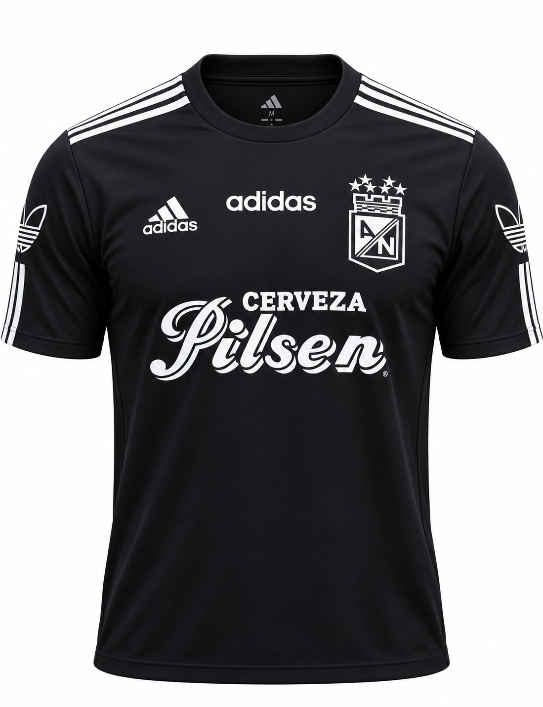 Camiseta retro negra de Atlético Nacional con Cerveza Pilsen en blanco y marca Adidas, foto de estudio