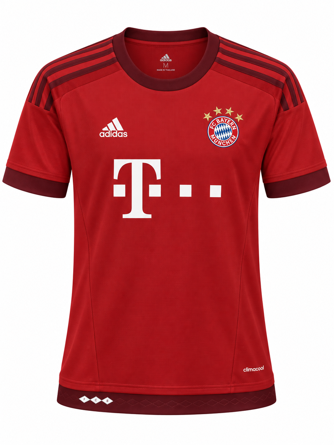 Bayern Munich 2015-16 retro jersey in red with claret shoulders and the four stars