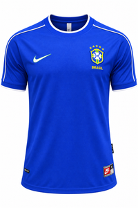 Camiseta retro azul de visitante de Brasil 1998 de Nike con cuello redondo blanco