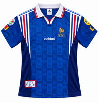 Camiseta retro azul de Francia 1996 con gallos estampados, cuello polo blanco y franjas tricolor