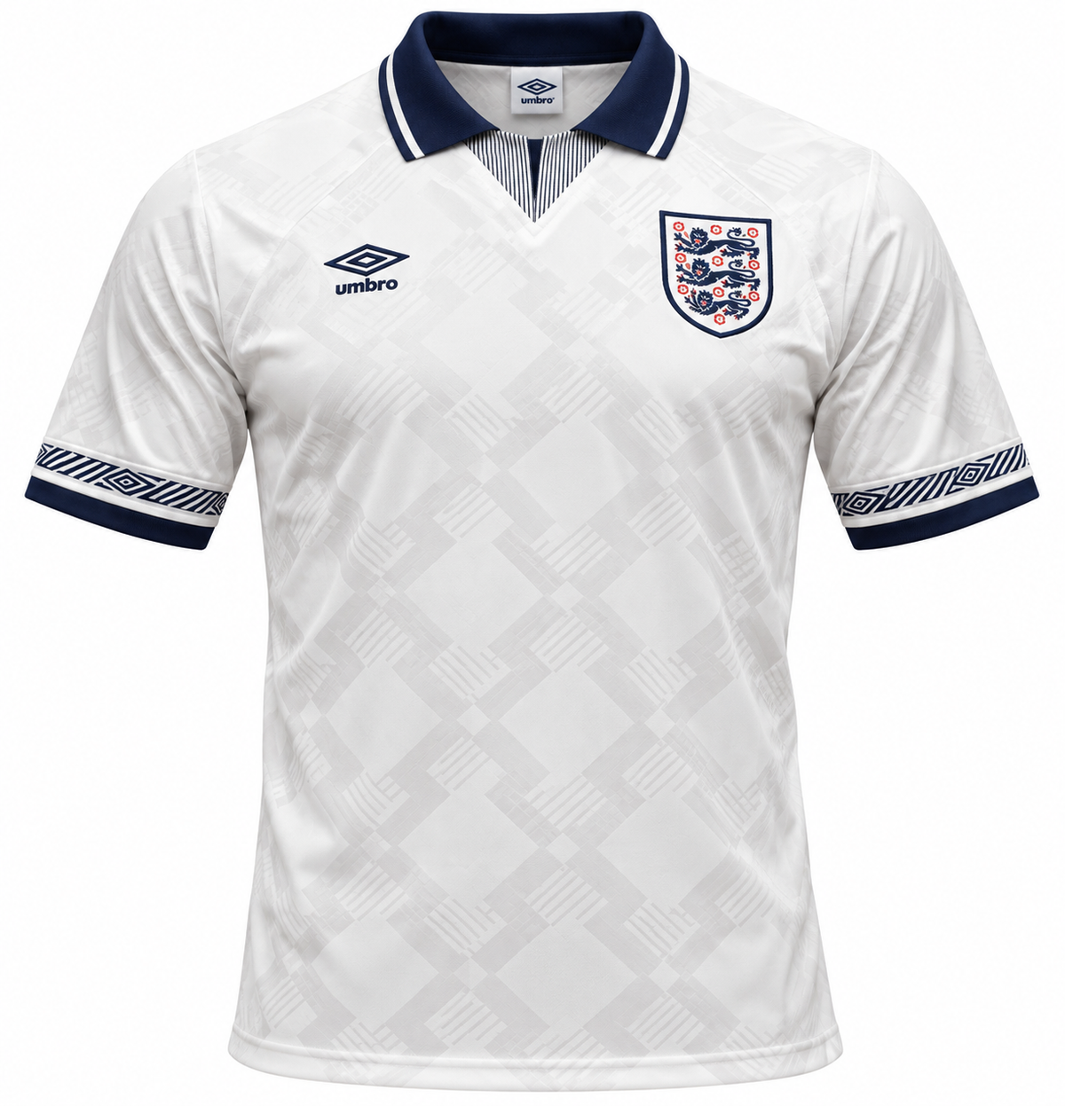 Camisa retrô da Inglaterra 1990 da Umbro branca com losangos em relevo e gola polo azul-marinho