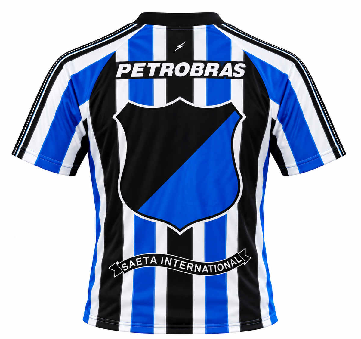 Back of the striped Millonarios retro jersey with Petrobras and the big crest