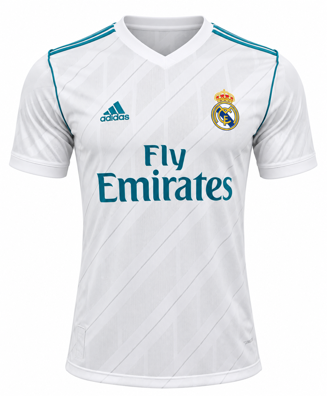 Camisa retrô Real Madrid 2017-18 titular branca com debruns turquesa