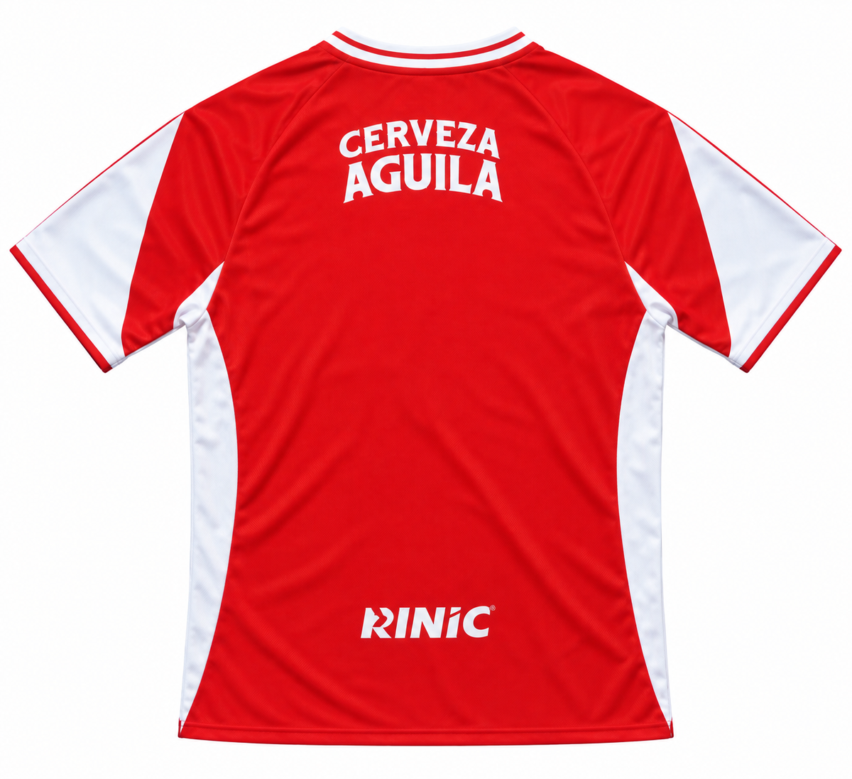 Back of the red Santa Fe retro jersey with Cerveza Águila at the top and Rinic at the bottom