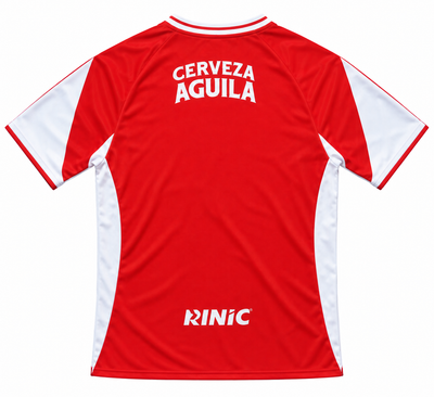 Back of the red Santa Fe retro jersey with Cerveza Águila at the top and Rinic at the bottom