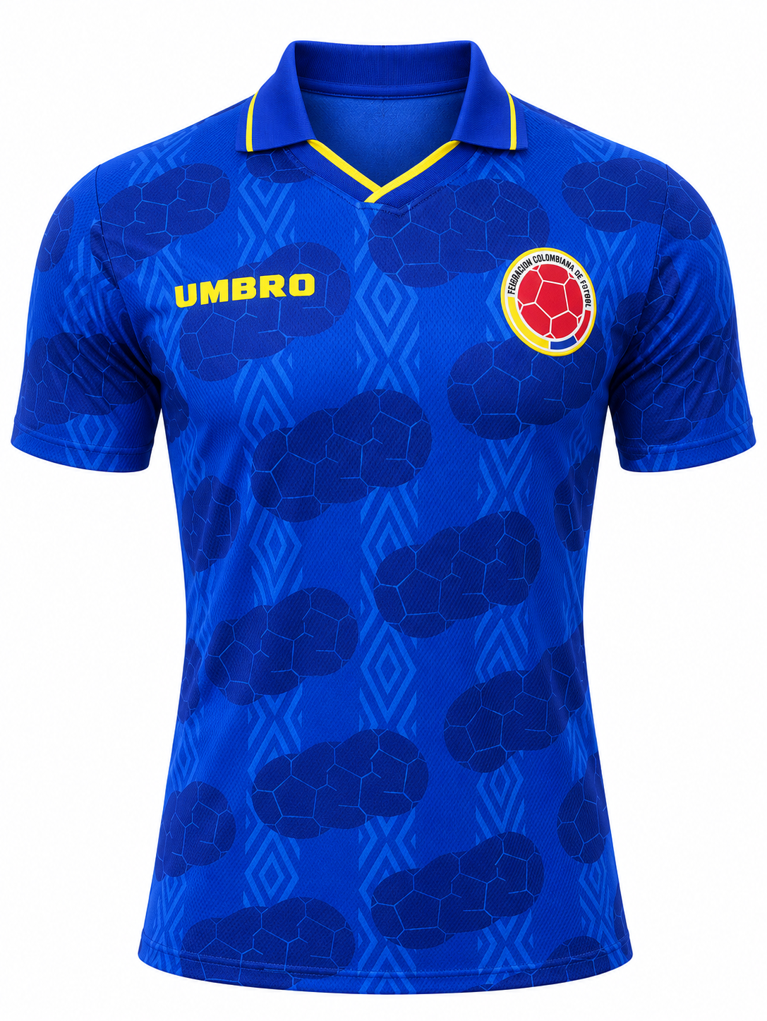 Camiseta retro Selección Colombia Umbro azul con cuello en V amarillo