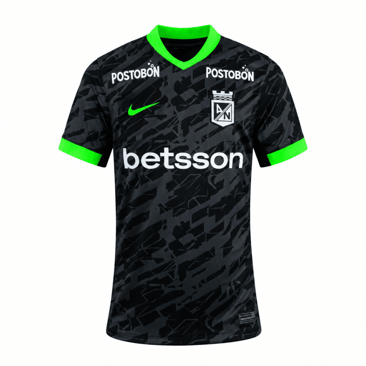 Camiseta tercera negra de Atlético Nacional 2026 con gráfico texturizado y detalles en verde neón