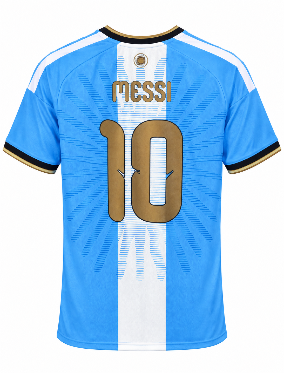 Camiseta celeste y blanca de la Selección Argentina con el 10 y MESSI estampados en dorado a la espalda, edición especial de despedida
