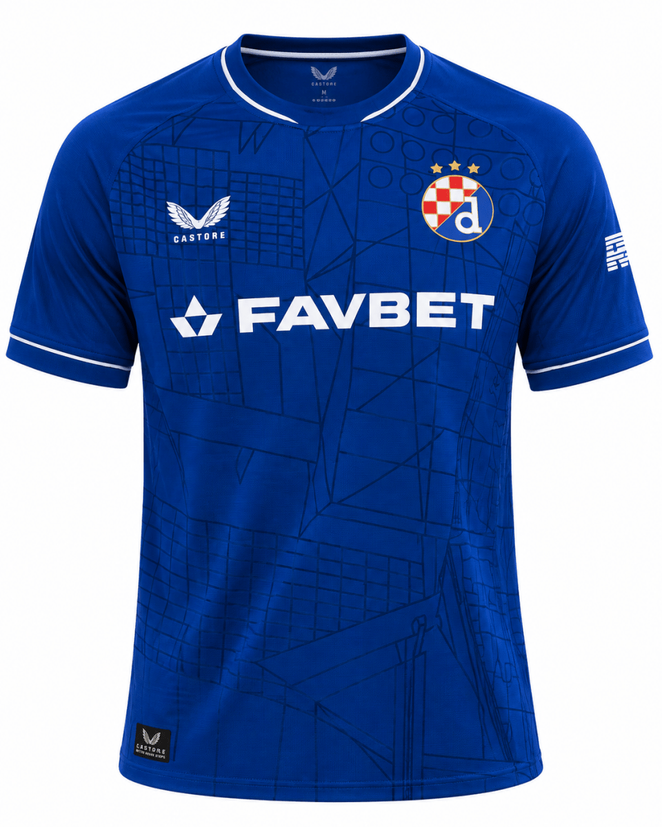 camiseta local Dinamo Zagreb 26-27 con escudo y logos termosellados
