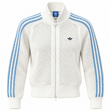 Jaqueta de tricô branca da Adidas Originals com zíper e três listras azul-claro nas mangas